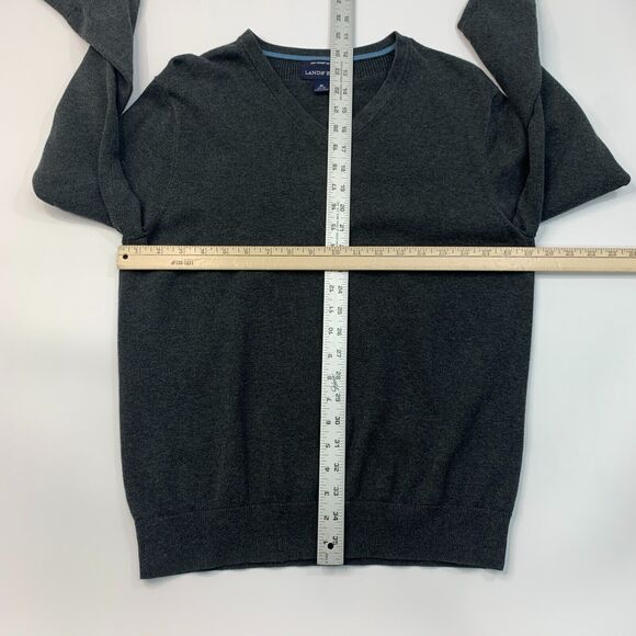 Lands End Sweater Mens M Medium Gray Pima Cotton V Neck Ribbed Trim Pullover - Picture 7 of 12